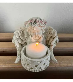 La Vida Engel med stage til fyrfadslys, Antik hvid* Minde-ting|Sorg-bearbejdning