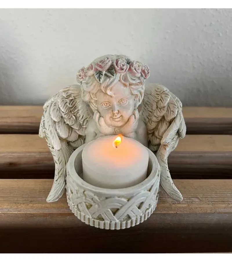 La Vida Engel med stage til fyrfadslys, Antik hvid* Minde-ting|Sorg-bearbejdning