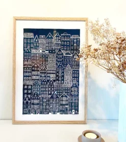 Inge Marie Kirketerp Hansen Linoleumstryk: I min faders hus er der mange boliger, A3 Plakat, Mørkeblå* Mors Dag|Gave-ideer