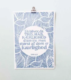 Inge Marie Kirketerp Hansen Linoleumstryk: Tro, Håb og Kærlighed, A3 Plakat, Blå* Bryllup|Gave-ideer